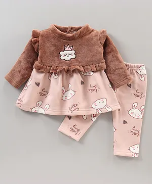 Mom's pet Full Sleeves All Over Bunny Printed & Cloud Embroidered Winter Frock With Coordinating Leggings - Brown