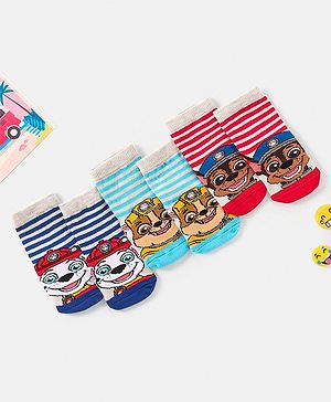 Cute Walk By Babyhug Paw Petrol Design Anti-Bacterial Ankle Length Socks Pack Of 3 - Blue & Red