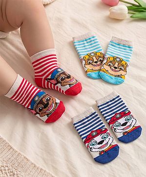 Cute Walk By Babyhug Paw Petrol Design Anti-Bacterial Ankle Length Socks Pack Of 3 - Blue & Red