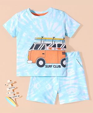 Babyhug Cotton Half Sleeves T-Shirt & Shorts Set Bus & Text Print- Blue