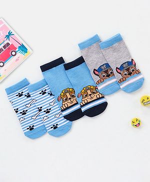 Cutewalk By Babyhug Anti Bacterial Ankle Length Non Terry Socks Paw Patrol Design Pack of 3- Blue & Grey