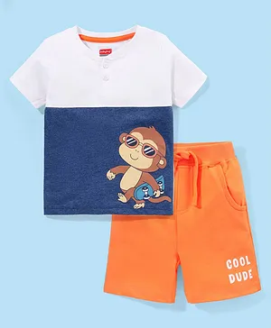 Babyhug 100% Cotton Half Sleeves T-shirt and Shorts Monkey Print - Orange