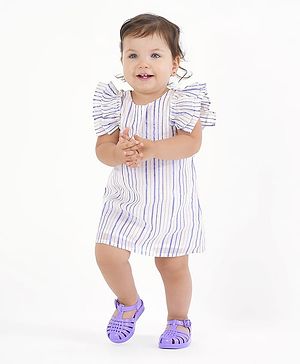Bonfino Frill Sleeves Dress Stripes Print- White