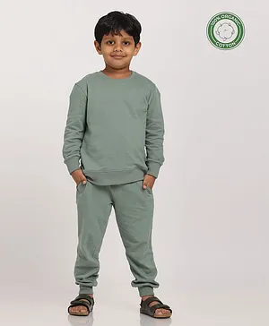 Saltpetre Organic Cotton Full Sleeves Solid Tee With Pant - Sage Green