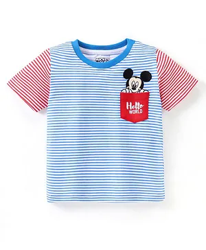 Babyhug Cotton Knit Half Sleeves Striped T-Shirt Mickey Mouse Patch - White & Blue