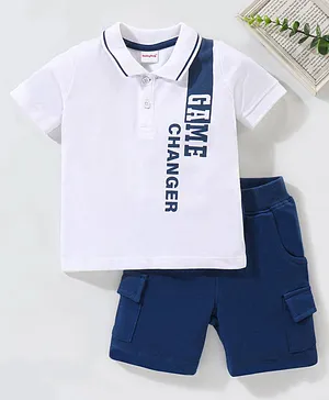 Babyhug Cotton Half Sleeve Printed T-Shirt and Knee Length Bottomwear - White & Navy Blue