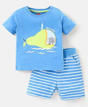 Babyhug 100% Cotton Half Sleeves T-Shirt & Shorts Set Baby Elephant Print - Blue