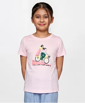 AND Girl Half Sleeves Girls On Bicycle Printed Tee - Pink