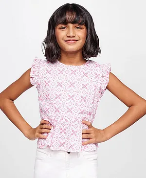 Global Desi Girl Cap Sleeves Seamless Dotted Block Design Printed Top - Pink & White