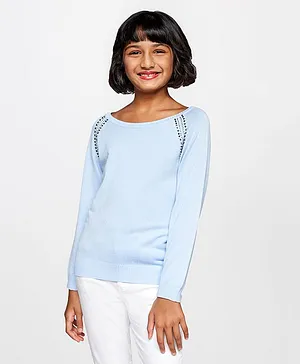 Global Desi Girl Raglan Full Sleeves Bead Work Embellished Top - Blue