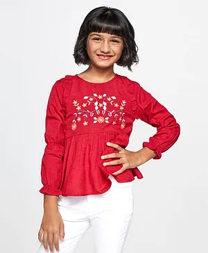 Global Desi Girl Full Sleeves  Floral Embroidered Ruffled Detail Top - Red