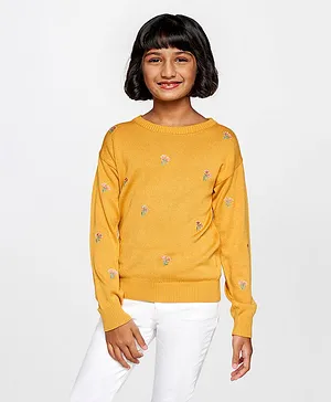 Global Desi Girl Full Sleeves Flower Embroidered Top - Mustard Yellow