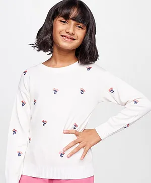 Global Desi Girl Full Sleeves Flower Embroidered Top - Off White