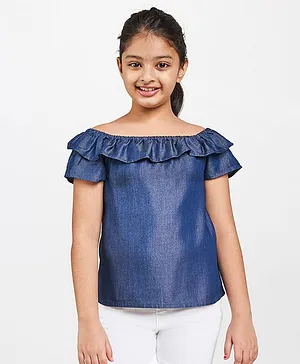 Global Desi Girl Short Sleeves Solid Ruffled Off Shoulder Top - Blue