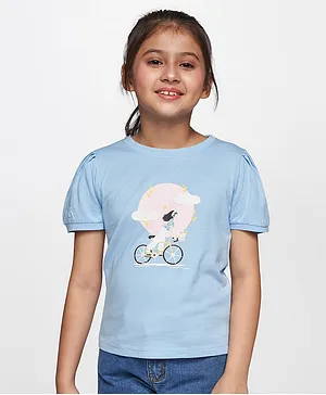 AND Girl Half Sleeves Girl Bicycle Printed Top - Blue