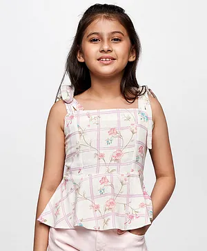 AND Girl Sleeveless Strap Tie Shoulder Printed Top - White