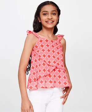 Global Desi Girl Cap Frill Sleeves Floral Motif Printed Top - Pink