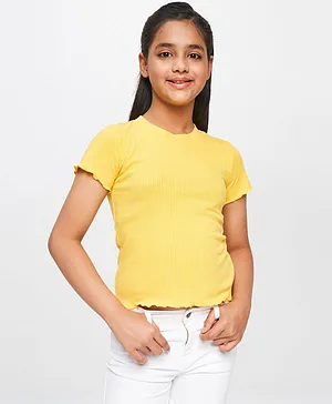 Global Desi Girl Half Sleeves Striped Self Design Top - Mustard Yellow