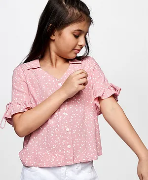 AND Girl Half Frill Sleeves Splash Art Dots Printed Top - Pink