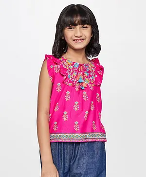 Global Desi Girl Cap Sleeves All Over Flower Motif Printed Top With Front Tie Up - Pink