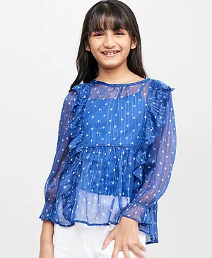 Global Desi Girl Full Sleeves All Over Motif Printed Lurex Striped Flounce Top - Dark Blue