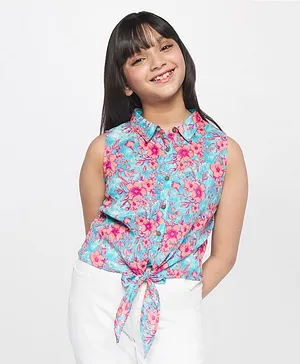 Global Desi Girl Sleeveless All Over Tropical Floral Printed Knotted Top - Aqua Blue