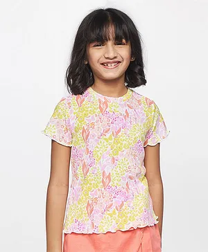 Global Desi Girl Half Sleeves Seamless Watercolour Effect Flower & Leaf Printed Top - Pink
