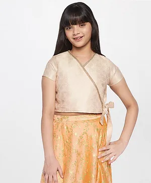 Global Desi Girl Half Sleeves Textured & Lace Embellished Side Tie Up Top - Golden
