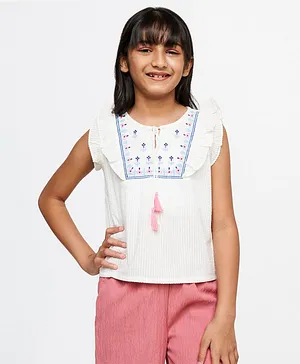 Global Desi Girl Cap Sleeves Yoke Embroidered & Frill Detailed Top - White