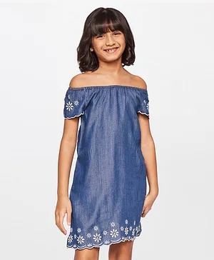 Global Desi Girl Half Off Shoulder Sleeves Flower Placement Embroidered Dress - Blue