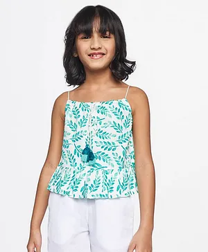 Global Desi Girl Sleeveless All Over Leaf Printed Top With Front Tassel Tie Up Top - Mint