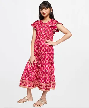 Global Desi Girl Half Flutter Sleeves Floral Motif Printed Jumpsuit - Maroon