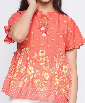 Global Desi Girl Half Frill Sleeves Floral Printed Top - Orange