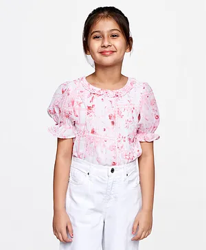 AND Girl Short Sleeves Neck Frill Printed Top - Pink & White