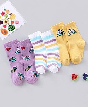 Cute Walk by Babyhug Anti Bacterial Ankle Length Striped Socks Pack of 3 - Yellow Purple