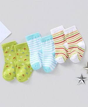 Cute Walk by Babyhug Anti Bacterial Ankle Length Non Terry Striped Socks Pack of 3 Star Design - Green Blue