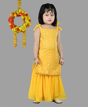 Titrit Sleeveless Damask Style Motif Foil Embellished Kurta & Sharara With Dupatta Set - Yellow