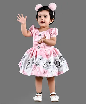 Titrit Satin Half Puffed Sleeves Rose Printed With Frilled Bodice Fit & Flare Party Dress  - Pink
