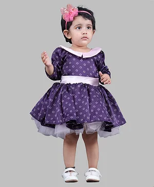 Titrit Full Sleeves Polka Dots Printed Layered Fit & Flare Dress - Purple