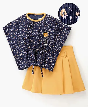 Enfance Batwing Half Sleeves Seamless Floral Printed & Flower Applique Embellished Kaftan Top & Pleated Skirt - Mustard Yellow & Blue