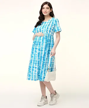 Bella Mama Woven Half Sleeves Maternity Nursing Tie Dye Dress Blue