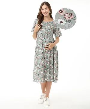 Bella Mama Rayon Half Sleeves Maternity Dresses with Pocket Flower Print - Green