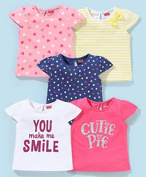 Babyhug Cotton Short Sleeves Tees with Graphics & Frill Detailing Pack of 5 - Blue & Pink