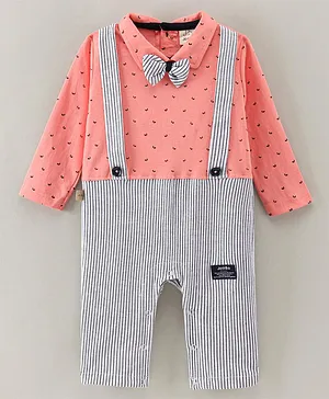 Jo&Bo Full Sleeves Striped Suspender Style Party Romper With Bow - Peach