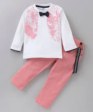Jo&Bo Full Sleeves Abstract Printed Suspender Tee With Solid Pant - Peach