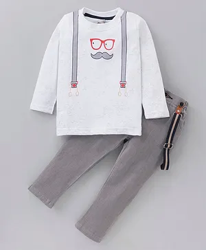 Jo&Bo Full Sleeves Moustache Printed Suspender Tee With Solid Pant - Grey