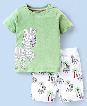 Babyhug 100% Cotton Knit Half Sleeves T-Shirt & Shorts Set Zebra Print - Green & White