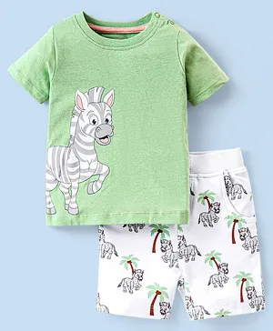 Babyhug 100% Cotton Knit Half Sleeves T-Shirt & Shorts Set Zebra Print - Green & White