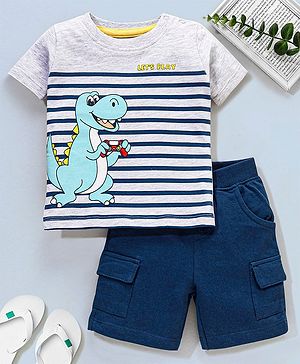 Babyhug Half Sleeves Cotton T-Shirt & Shorts Set Stripes & Dino Print - White & Blue