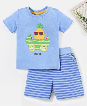 Babyhug Cotton Half Sleeves Fruit Print T-Shirt & Knee Length Stripes Shorts - Blue